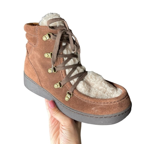 ZODIAC Pierson Women’s Leather Suede Ankle Wedge Boots Faux Fur Brown Size 9 - Picture 1 of 16
